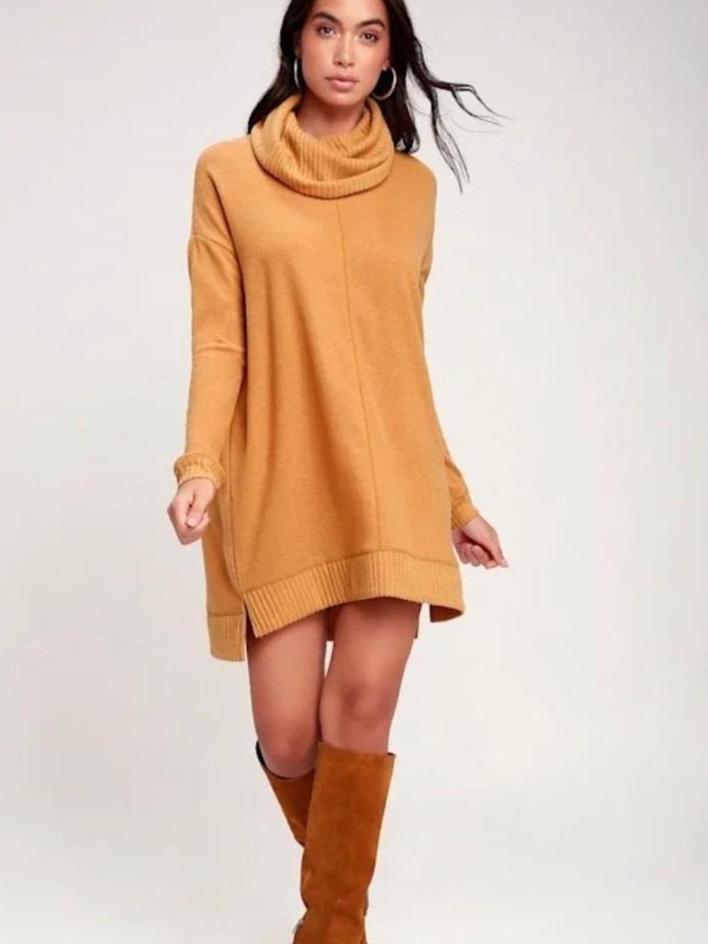 Lulus Autumn Daze Camel Cowl Neck Long Sleeve Sweat Dress Medium